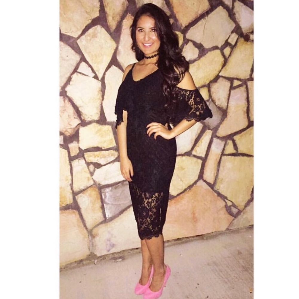 Open shoulder black lace dress